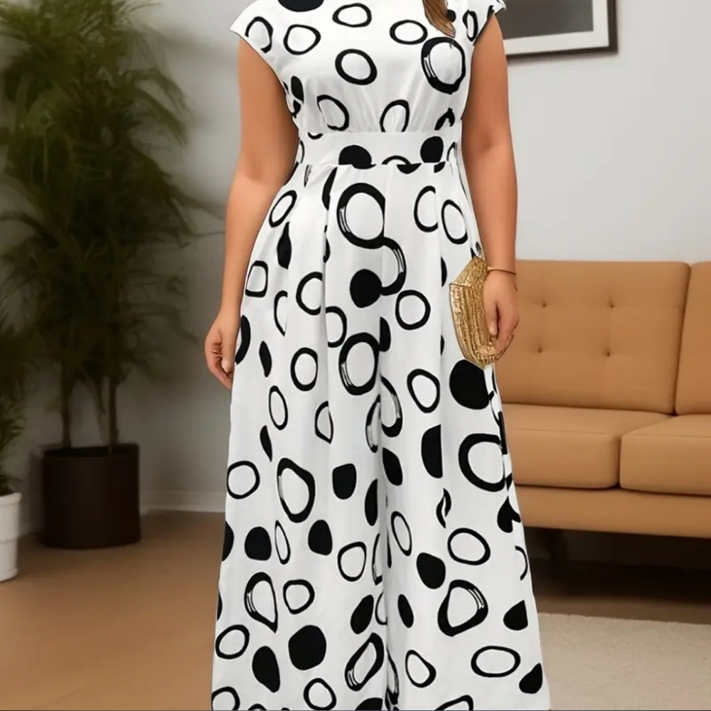 Wide Leg Jumpsuit Black and White Striped Sleeveless High Neck Size Small